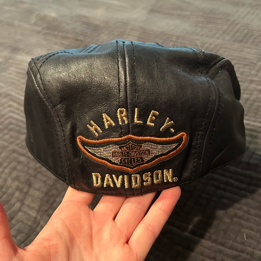Harley-Davidson Black Leather Embroidered Newsboy Hat